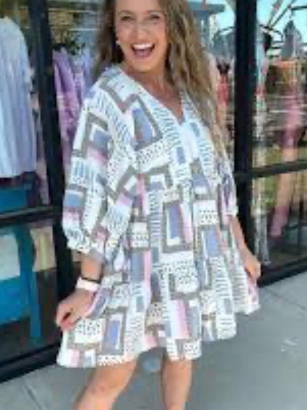 Entro Boho Geometric V-Neck Tiered Mini Dress in White with Pastel Accents